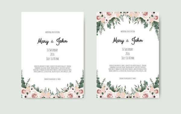 Botanik düğün davetiyesi şablonu tasarımı, beyaz arkaplanda beyaz ve pembe çiçekler. — Stok Vektör