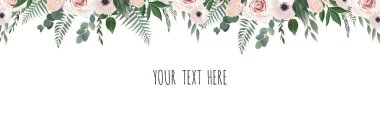 Yatay botanik vektör tasarım afiş. Pembe gül, okaliptüs, succulents, çiçekler, yeşillik. Doğal kaynak kartı veya çerçeve.