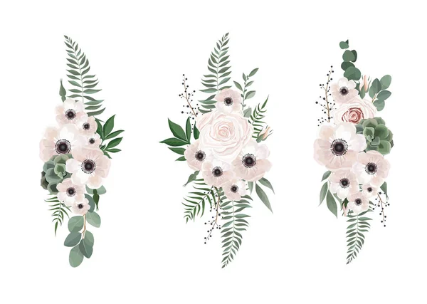 Vector bloemen boeket ontwerp anemone, Eucalyptus tak. Bruiloft vector uitnodigen kaartenset aquarel design element. — Stockvector