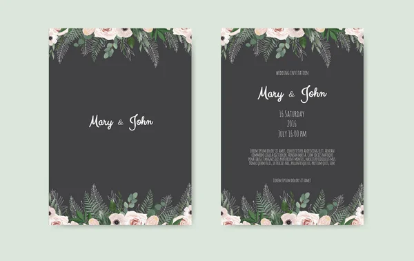 Projeto de modelo de cartão de convite de casamento botânico, flores brancas e rosa no fundo branco. —  Vetores de Stock