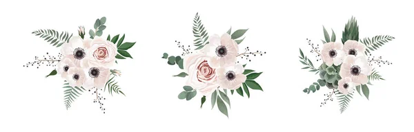 Bouquet floreale vettoriale di design anemone, ramo di eucalipto. Matrimonio vettore invitare carta Acquerello set di elementi di design . — Vettoriale Stock