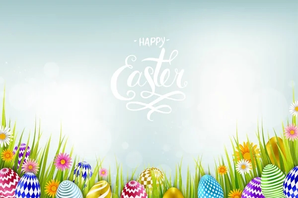 Osterverkauf Banner Hintergrund Vorlage mit schönen bunten Frühlingsblumen und Eiern. Vektorillustration — Stockvektor