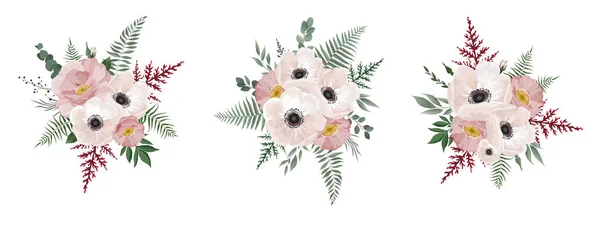 Vector blomsterbukett design anemone, Eucalyptus gren. Bröllop vektor inbjuder kort akvarell designer element set. — Stock vektor