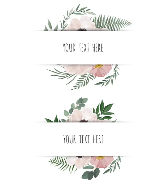Horisontal botanische vector ontwerp banner. Roze roos, eucalyptus, vetplanten, bloemen, groen. Natuurlijke lente kaart of frame. — Stockvector