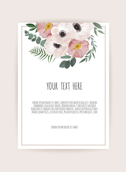 病媒花卉设计卡片。欢迎,明信片婚礼邀请模板.有玫瑰和海葵的精致框架 — 图库矢量图片