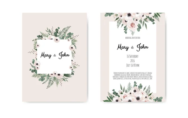 Botanische Hochzeitseinladungskarte Vorlage Design, weiße und rosa Blumen auf weißem Hintergrund. — Stockvektor