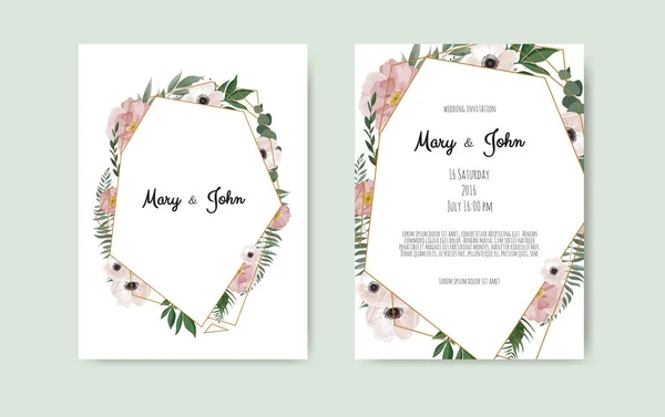 Diseño de la plantilla de tarjeta de invitación de boda botánica, flores blancas y rosas sobre fondo blanco. — Vector de stock