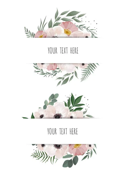 Horisontal botanische vector ontwerp banner. Roze roos, eucalyptus, vetplanten, bloemen, groen. Natuurlijke lente kaart of frame. — Stockvector