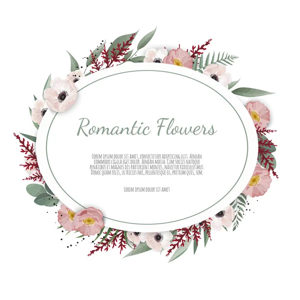 Vektorflorales Design Karte. Gruß, Postkartenhochzeit laden Vorlage ein. Eleganter Rahmen mit Rose und Anemone — Stockvektor