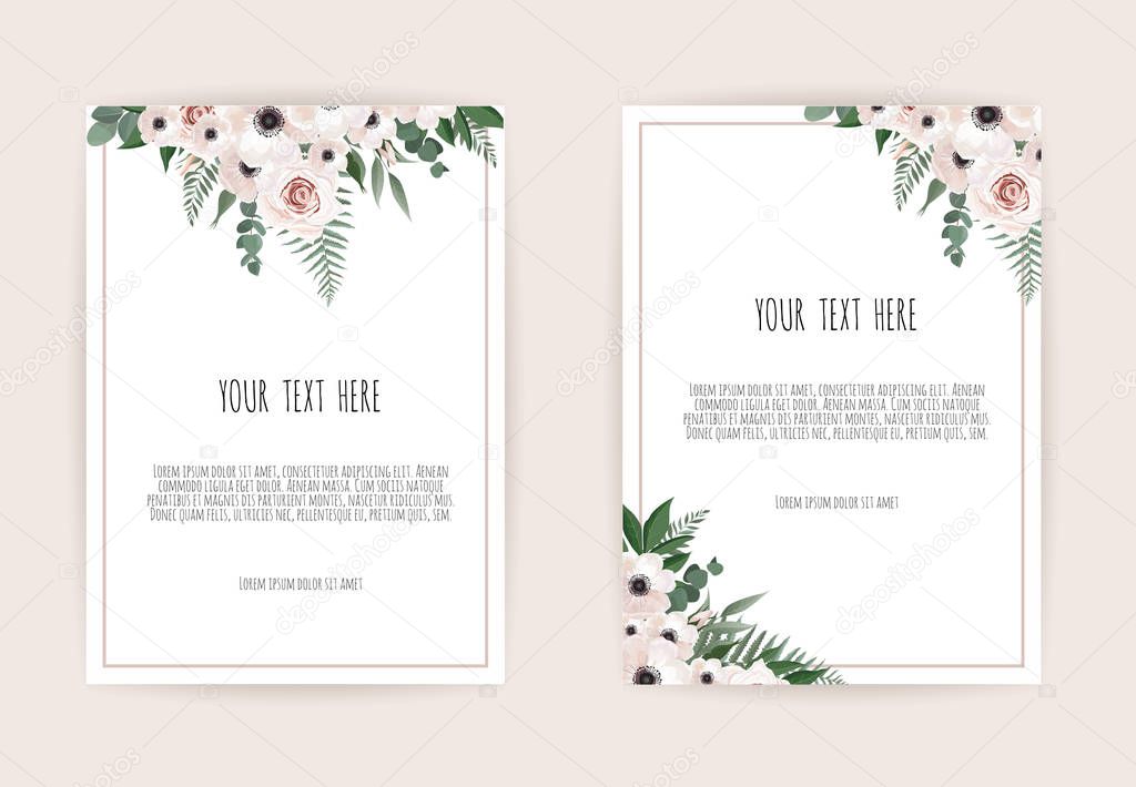 Botanical wedding invitation card template design, white and pink flowers on white background.