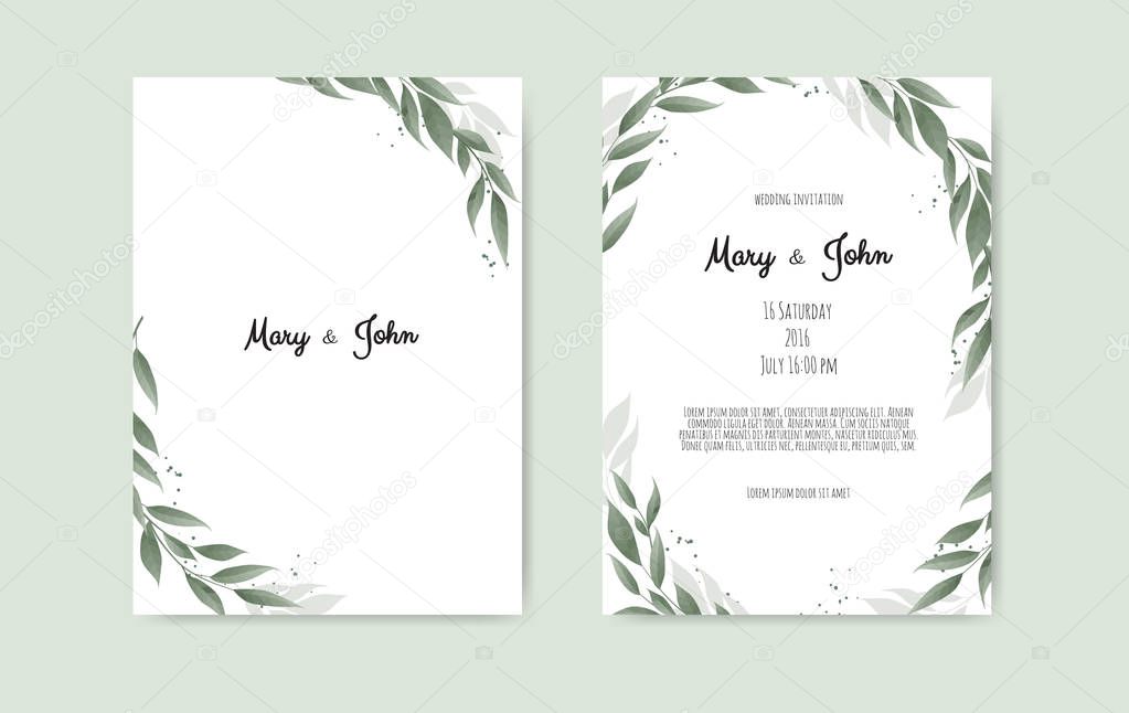 Botanical wedding invitation card template design, white and pink flowers on white background.