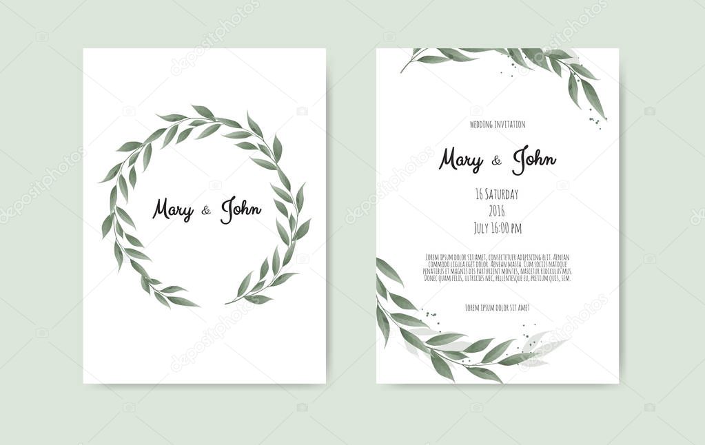 Botanical wedding invitation card template design, white and pink flowers on white background.