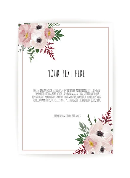 Kártya virággal Rózsa, levelek. Esküvői dísz koncepció. Virágos poszter, meghív. — Stock Fotó