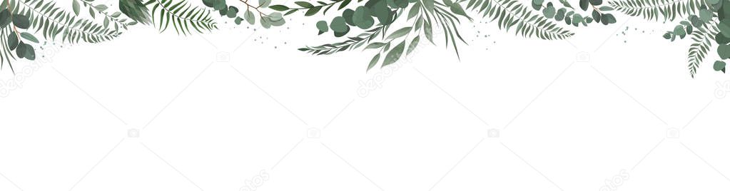 Horisontal botanical design banner. Pink rose, eucalyptus, succulents, flowers, greenery. Natural spring card or frame.