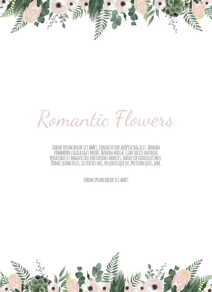 卡片与花玫瑰, 叶子。婚礼装饰概念。花卉海报, 邀请. — 图库照片