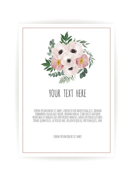 Floral κάρτα σχεδιασμού. Χαιρετισμός, πρότυπο πρόσκληση γάμου καρτ ποστάλ. Κομψό πλαίσιο με τριαντάφυλλο και ανεμώνη — Φωτογραφία Αρχείου