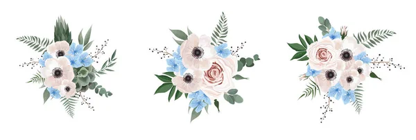 Bloemen boeket ontwerp Anemone, eucalyptus tak. Bruiloft uitnodigen kaart aquarel ontwerper element set. — Stockfoto