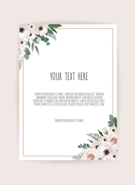 Tarjeta de diseño floral. Saludo, plantilla de invitación de boda postal. Marco elegante con rosa y anémona — Foto de Stock