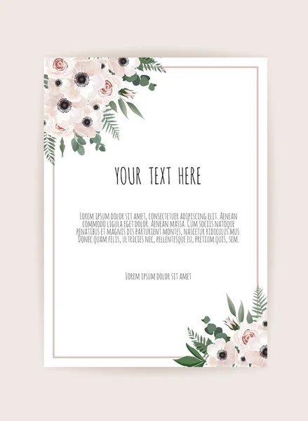 Tarjeta de diseño floral. Saludo, plantilla de invitación de boda postal. Marco elegante con rosa y anémona — Foto de Stock