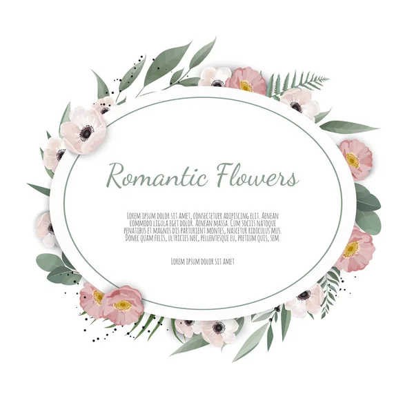 Floral κάρτα σχεδιασμού. Χαιρετισμός, πρότυπο πρόσκληση γάμου καρτ ποστάλ. Κομψό πλαίσιο με τριαντάφυλλο και ανεμώνη — Φωτογραφία Αρχείου