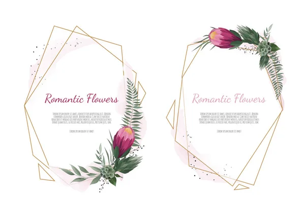 Design de cartão botânico floral com folhas com moldura geométrica dourada . — Fotografia de Stock