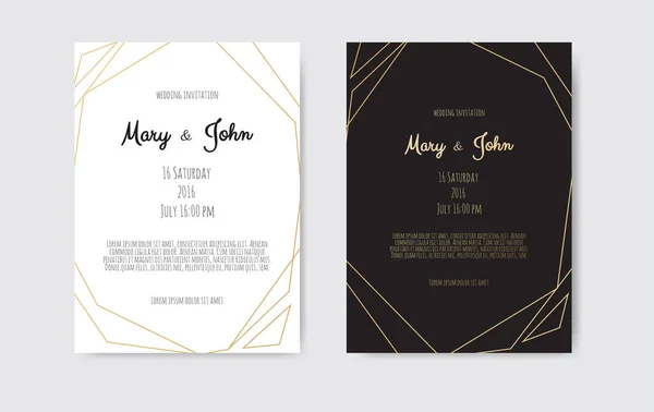 Convite de casamento, convide o projeto do cartão com linhas de arte geométricas, borda da folha de ouro, quadro . — Vetor de Stock