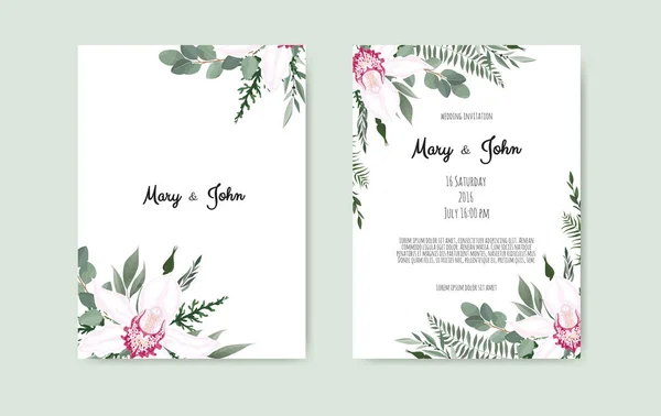 Βοτανικός σχεδιασμός προσκλήσεων γάμου, λευκά και ροζ λουλούδια σε λευκό φόντο. — Διανυσματικό Αρχείο