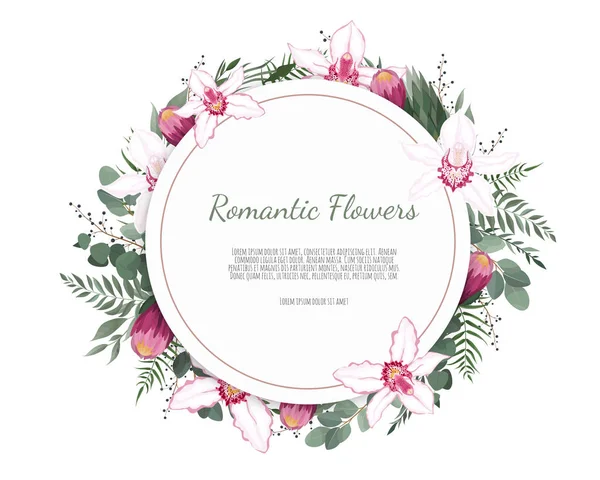 Carte avec orchidée de fleurs, feuilles. Concept d'ornement de mariage. Affiche florale, invitation . — Image vectorielle