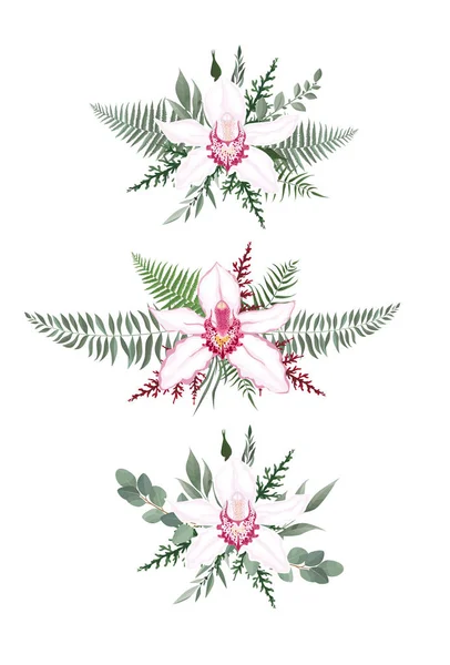 Conjunto de ramo floral. Orquídea rosa flor, folhas verdes. Conceito de casamento com flores. Cartaz floral, convidar — Vetor de Stock