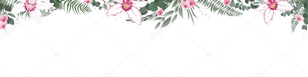 Horisontal botanical vector design banner. Eucalyptus, succulents, flowers, greenery. Natural spring card or frame.