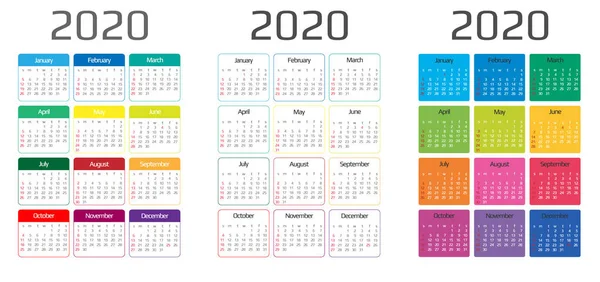 달력 2020 템플릿. 12 개월. 휴일 이벤트를 포함 합니다. 주일 시작 일요일 — 스톡 벡터