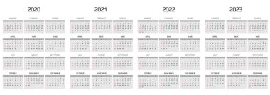 Takvim 2020, 2021, 2022, 2023 şablon. 12 ay oldu. tatil olayını içerir. Hafta Pazar başlıyor