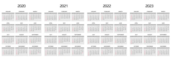 Calendário 2020, 2021, 2022, 2023 modelo. 12 meses. incluem evento de férias. Semana começa domingo — Vetor de Stock