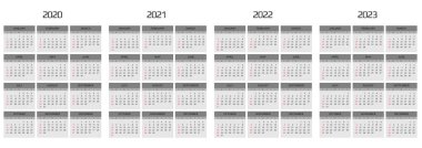 Takvim 2020, 2021, 2022, 2023 şablon. 12 ay oldu. tatil olayını içerir. Hafta Pazar başlıyor