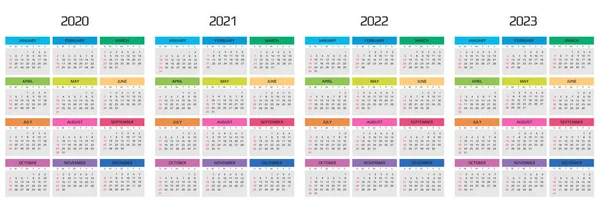 Kalender 2020, 2021, 2022, 2023 Vorlage. 12 Monate. Dazu gehören auch Ferienveranstaltungen. Woche beginnt am Sonntag — Stockvektor