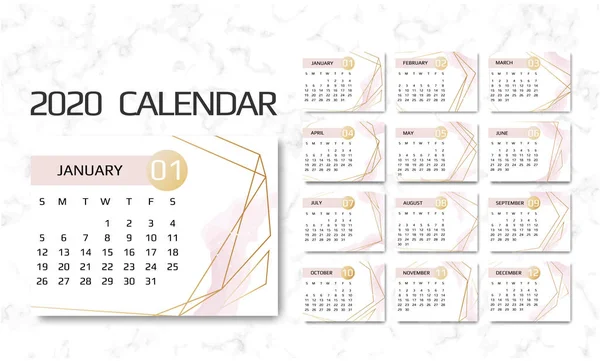 Календар 2020 шаблон. 12 місяців. Дизайн з геометричними художніми лініями. Тиждень починається Неділя — стоковий вектор
