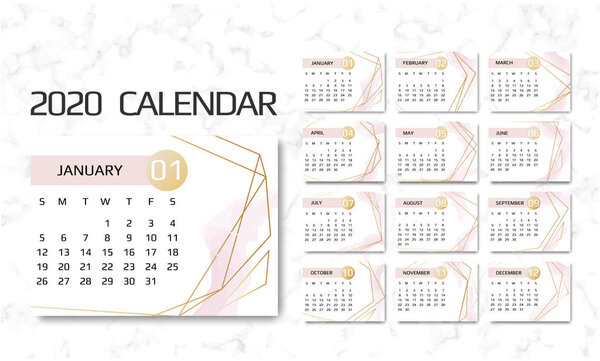 Calendar 2020 template. 12 Months. Design with Geometrical art lines. Week Starts Sunday