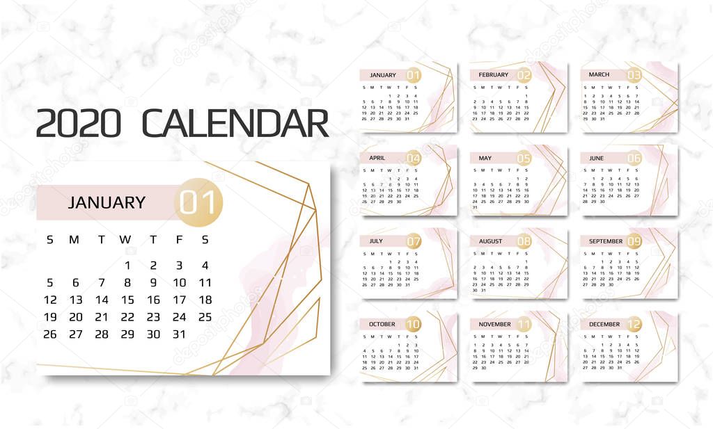 Calendar 2020 template. 12 Months. Design with Geometrical art lines. Week Starts Sunday