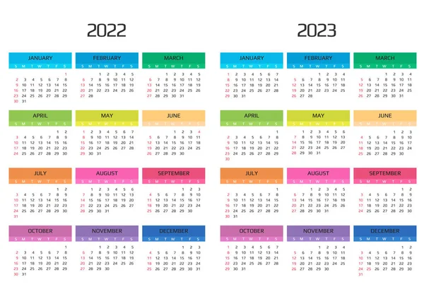 Шаблоны календаря 2022 и 2023. 12 месяцев. включая праздничное мероприятие. Неделя начинается в воскресенье — стоковый вектор
