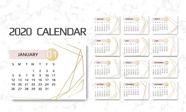 Календар 2020 шаблон. 12 місяців. Дизайн з геометричними художніми лініями. Тиждень починається Неділя — стоковий вектор