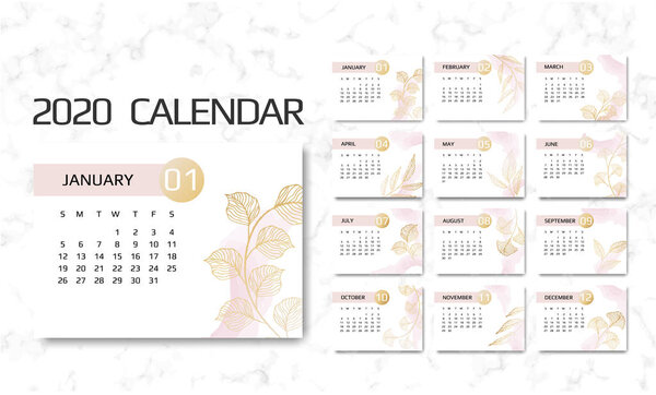Calendar 2020 template. 12 Months. Design with Geometrical art lines. Week Starts Sunday