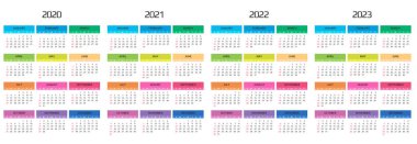 Takvim 2020, 2021, 2022, 2023 şablon. 12 ay oldu. tatil olayını içerir. Hafta Pazar başlıyor