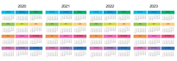 Calendrier 2020, 2021, 2022, 2023 modèle. 12 mois. inclure événement de vacances. La semaine commence dimanche — Image vectorielle