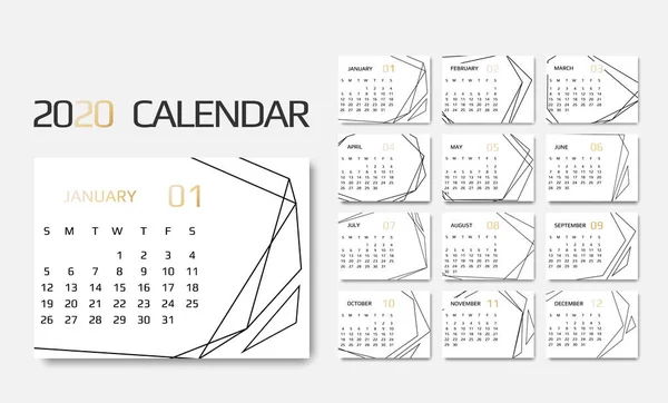 Kalendervorlage 2020. 12 Monate. Design mit geometrischen Kunstlinien. Woche beginnt am Sonntag — Stockvektor