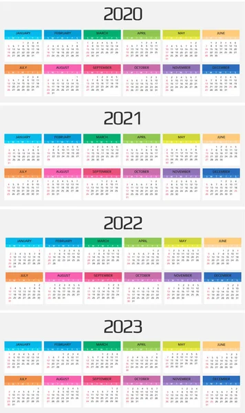 Kalender 2020, 2021, 2022, 2023 Vorlage. 12 Monate. Dazu gehören auch Ferienveranstaltungen. Woche beginnt am Sonntag — Stockvektor