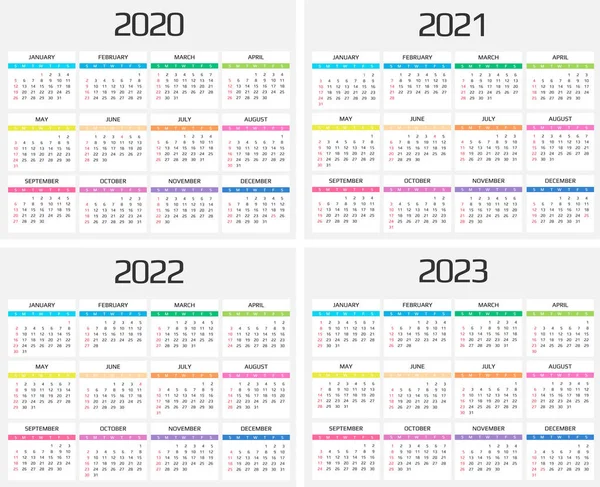 Kalender 2020, 2021, 2022, 2023 Vorlage. 12 Monate. Dazu gehören auch Ferienveranstaltungen. Woche beginnt am Sonntag — Stockvektor