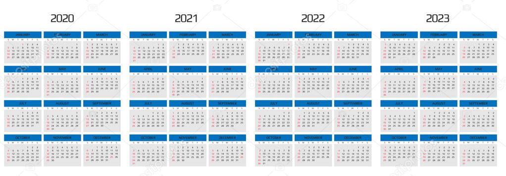 Calendar 2020, 2021, 2022, 2023 template. 12 Months. include holiday event. Week Starts Sunday