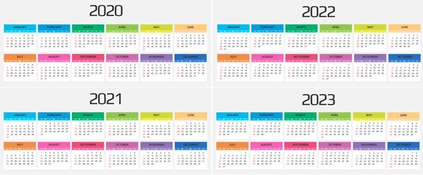 Kalender 2020, 2021, 2022, 2023 Vorlage. 12 Monate. Dazu gehören auch Ferienveranstaltungen. Woche beginnt am Sonntag — Stockvektor