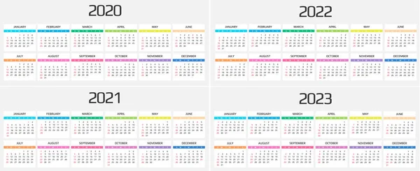 Calendar 2020, 2021, 2022, 2023 template. 12 Months. include holiday event. Week Starts Sunday — Stock Vector