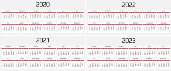 Календарь 2020, 2021, 2022, 2023. 12 месяцев. включая праздничное мероприятие. Неделя начинается в воскресенье — стоковый вектор